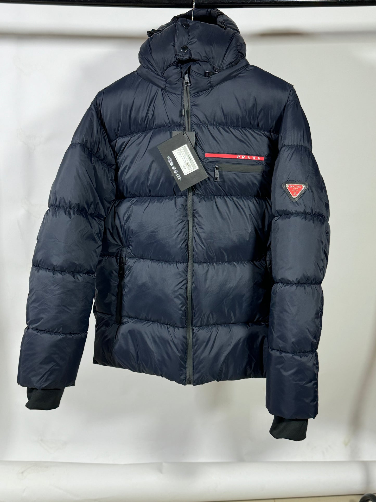 PRADA Men’s Premium Navy Puffer Jacket with Leather Patches and Detachable Hood