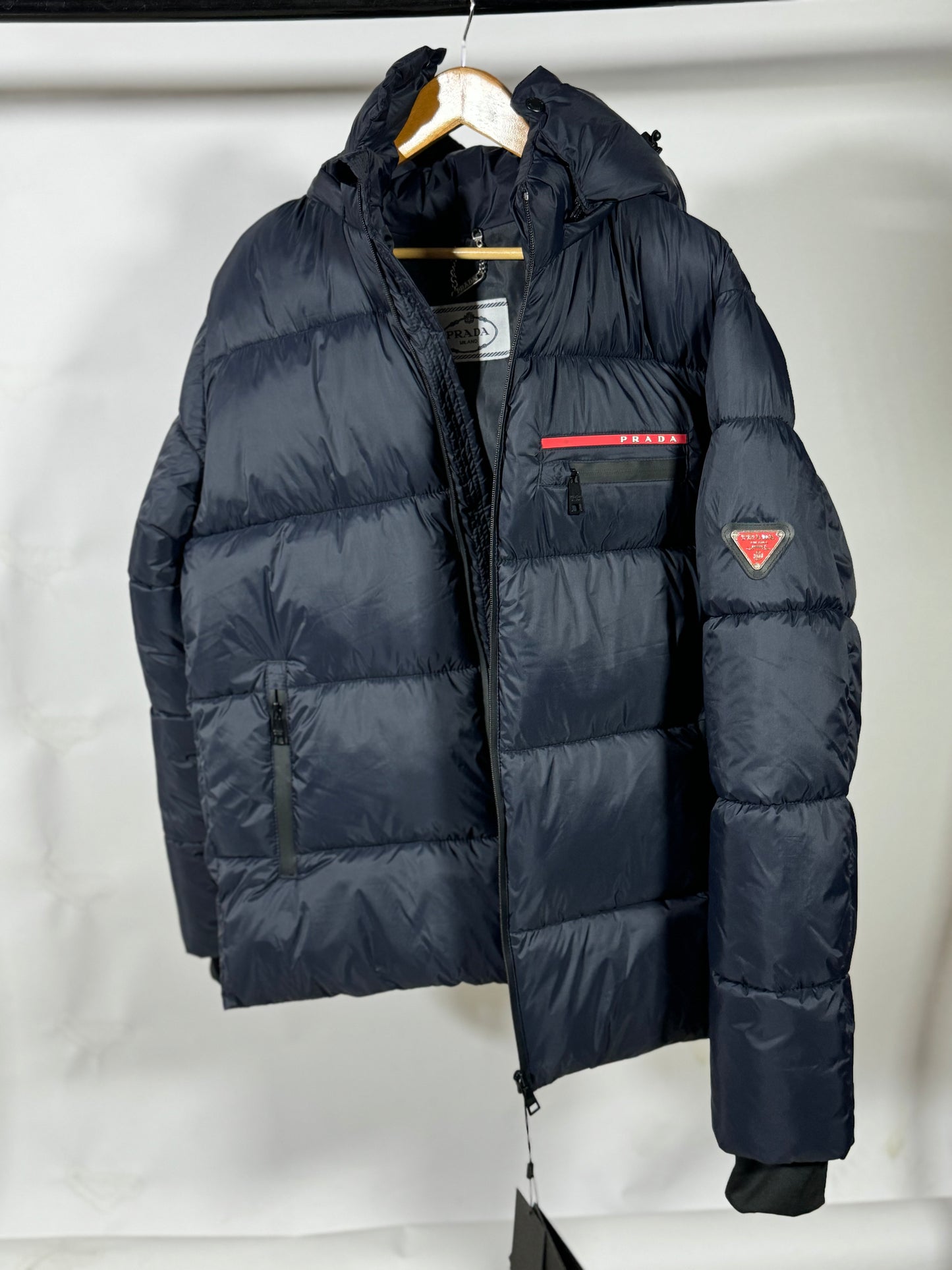 PRADA Men’s Premium Navy Puffer Jacket with Leather Patches and Detachable Hood