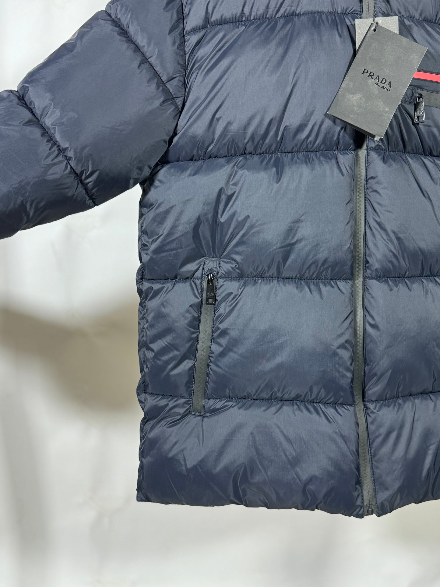 PRADA Men’s Premium Navy Puffer Jacket with Leather Patches and Detachable Hood