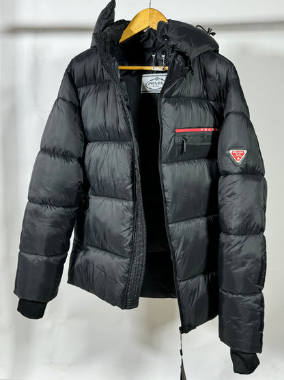 PRADA Men’s Premium Black Puffer Jacket with Leather Patches and Detachable Hood