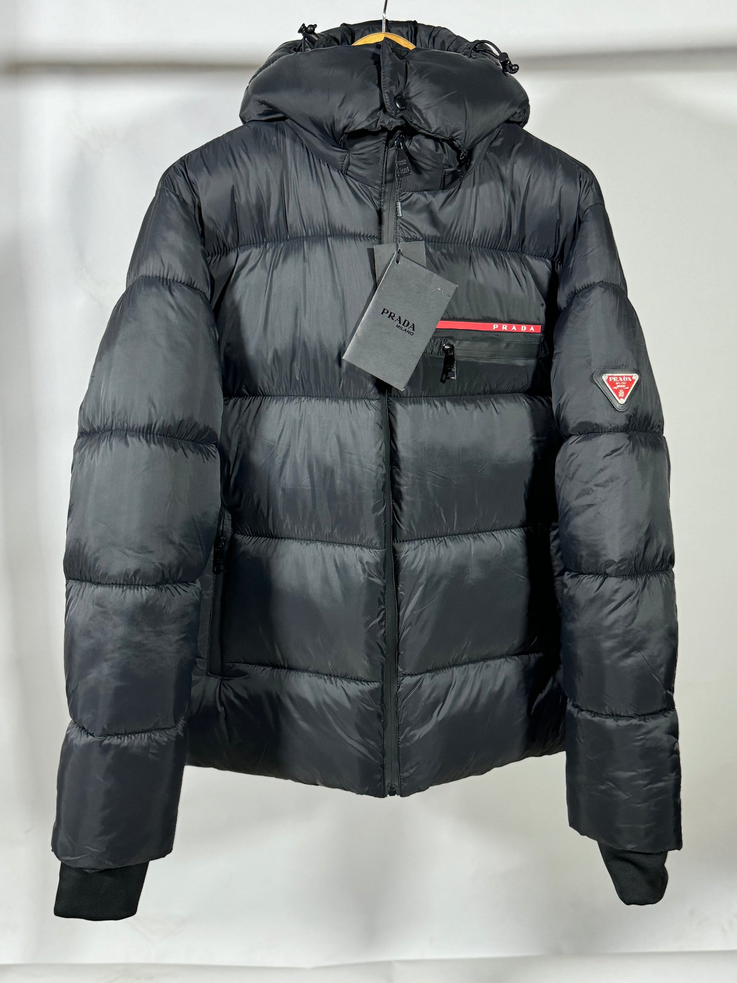 PRADA Men’s Premium Black Puffer Jacket with Leather Patches and Detachable Hood