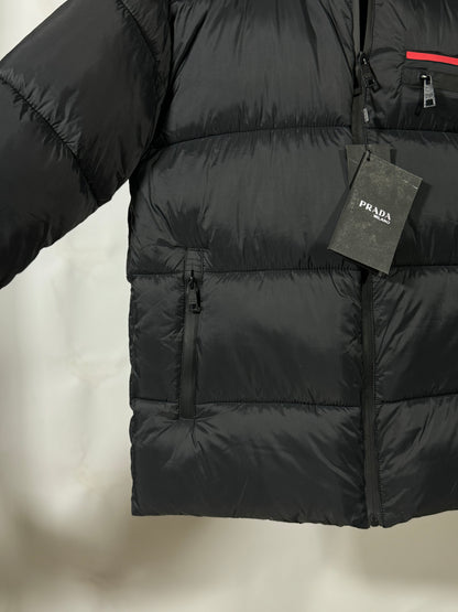 PRADA Men’s Premium Black Puffer Jacket with Leather Patches and Detachable Hood