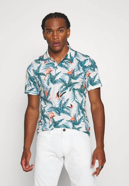 JACK & JONES. TROPICAL PRINT SHORT SLEEVE POLO SHIRT | WHITE