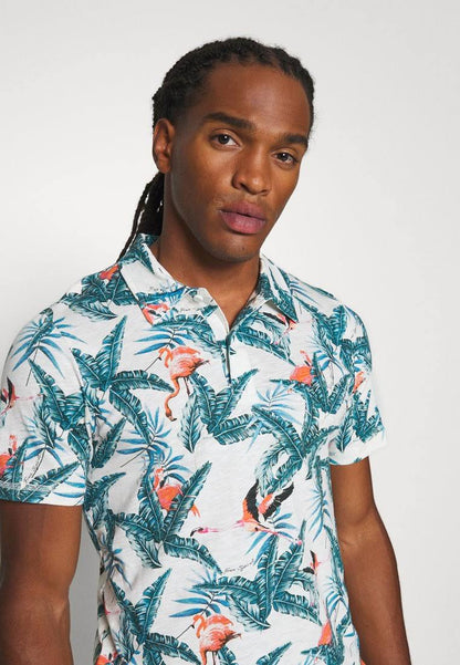 JACK & JONES. TROPICAL PRINT SHORT SLEEVE POLO SHIRT | WHITE