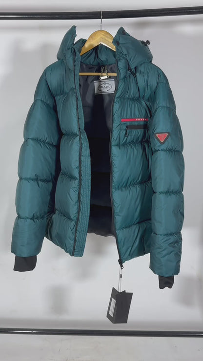 PRADA Men’s Premium Petrol Blue Puffer Jacket with Leather Patches and Detachable Hood