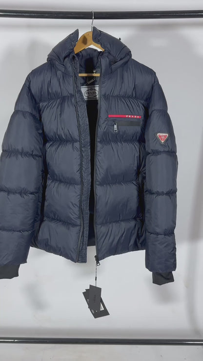 PRADA Men’s Premium Navy Puffer Jacket with Leather Patches and Detachable Hood