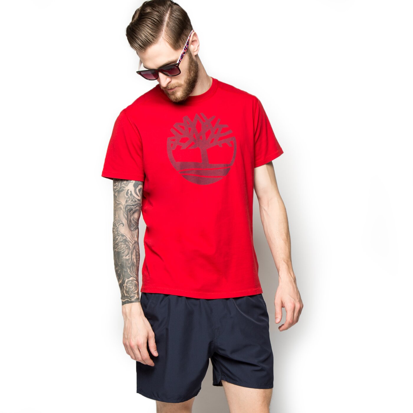 TIMBERLAND-REGULAR FIT-STACK LOGO TEE SHIRT | RED & OLIVE