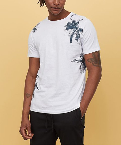 H&M-PRINTED T-SHIRT-MEN FLOWERS | WHITE